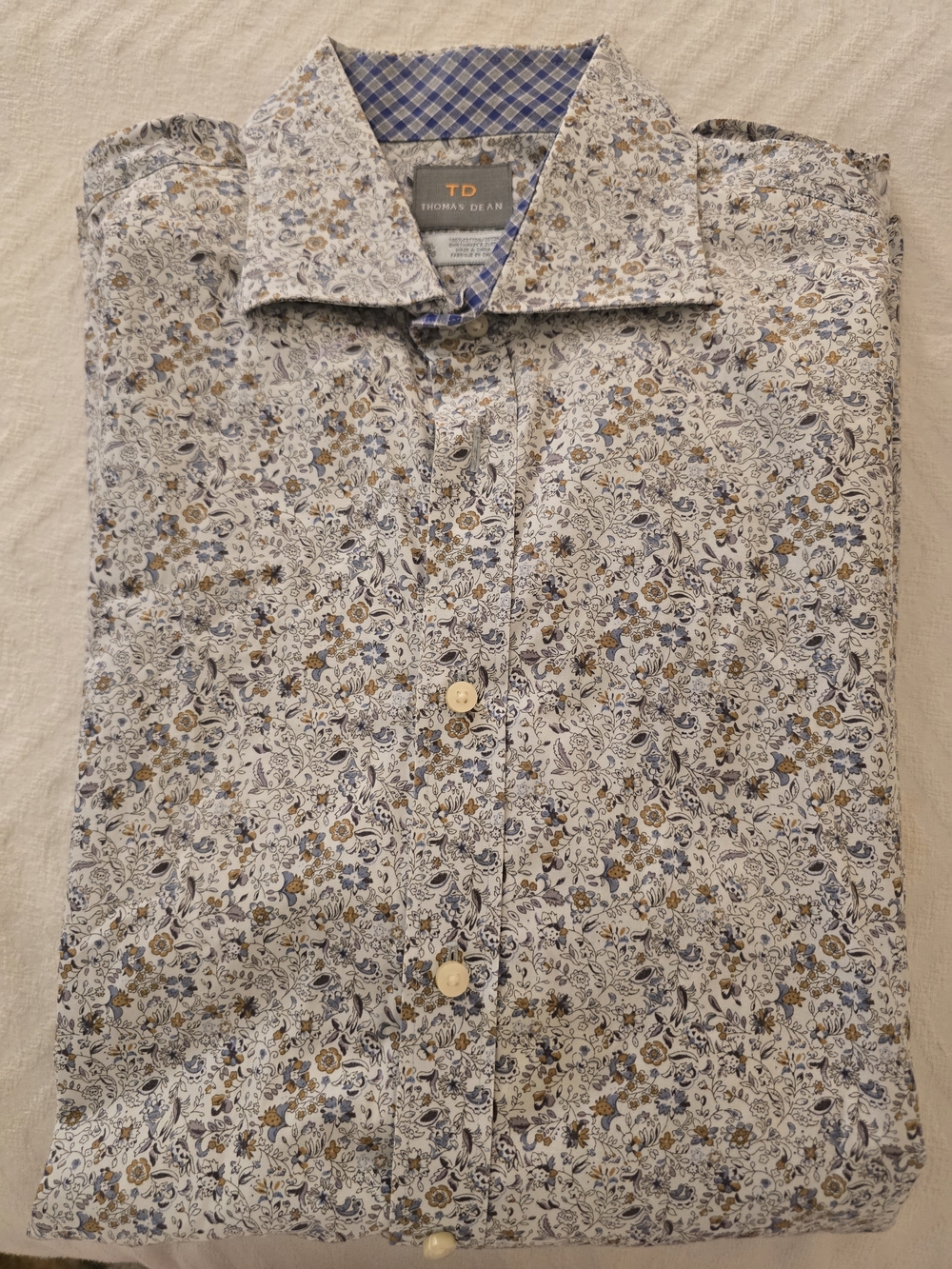 Thomas Dean White Button-Down Shirt with Blue & Brown Floral Print